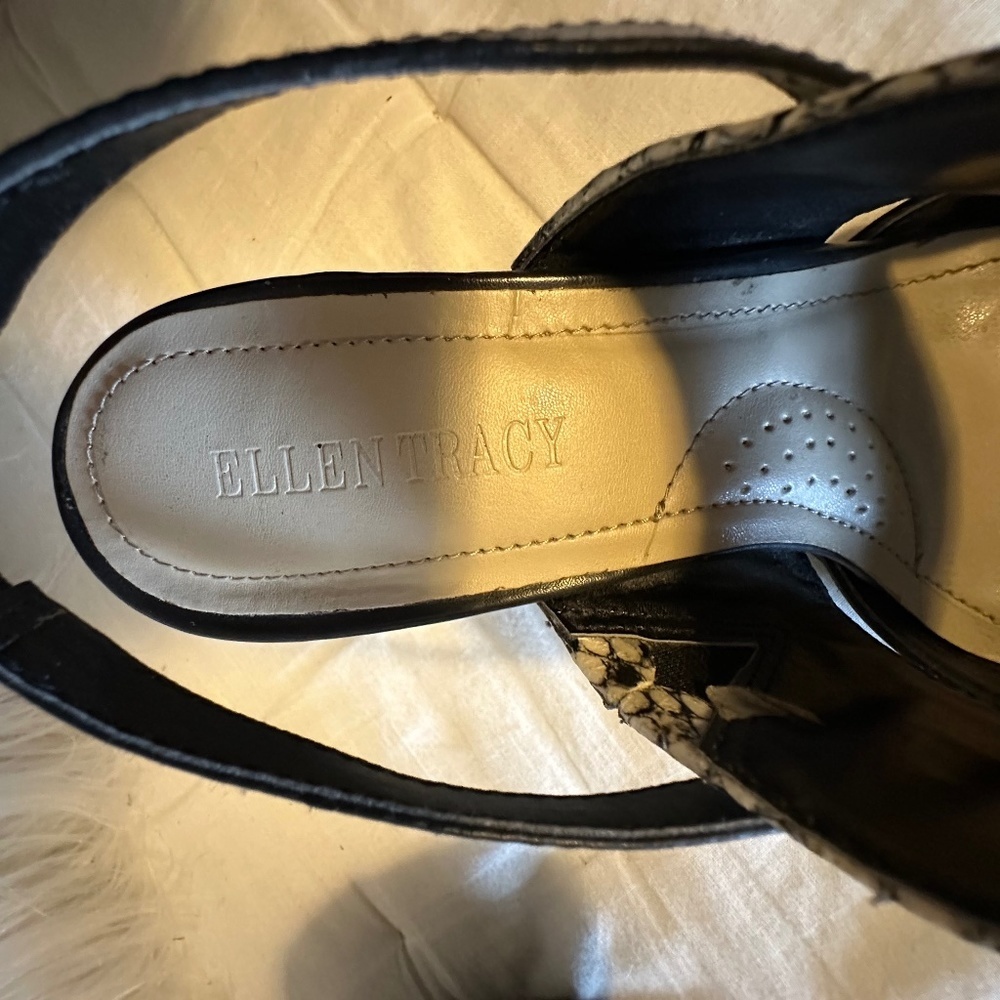 Ellen Tracy Black and Snake Print Bello Leather Sling Back Heels Cut Out Size 7 - Picture 13 of 16